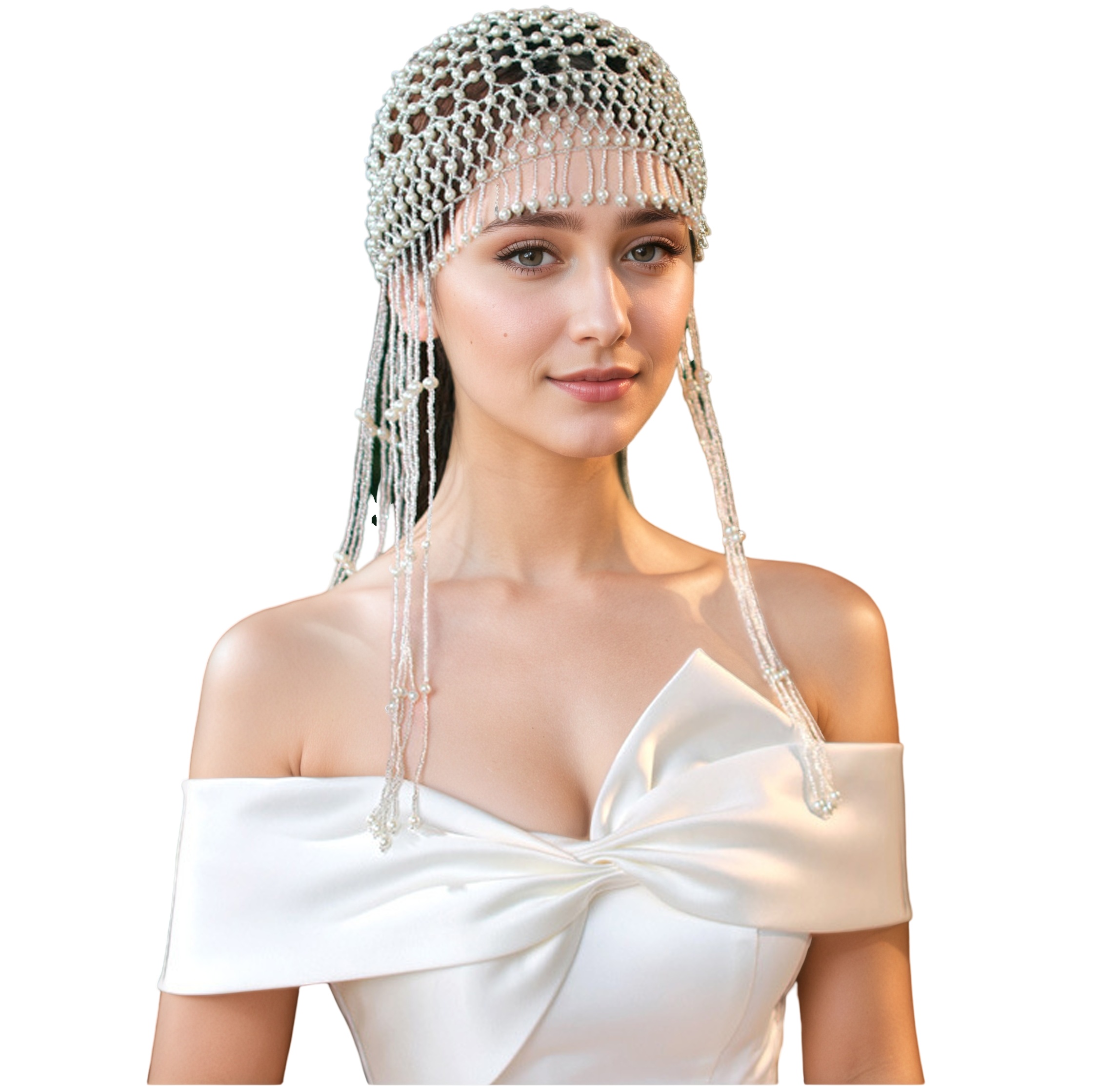 Bridal Hair Accessory Vintage Pearl Beaded Headpiece Handcrafted Crochet Design